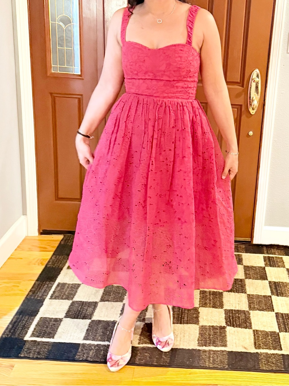 French Connection Bright Pink Lace Midi Dress
